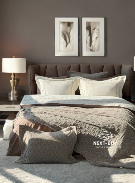 Премиум комплект постельного белья из варёного хлопка Dafne Beige с покрывалом и пледом | Турция