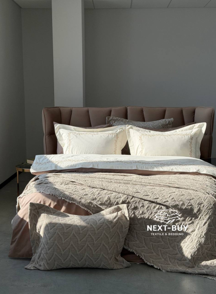 Премиум комплект постельного белья из варёного хлопка Dafne Beige с покрывалом и пледом | Турция