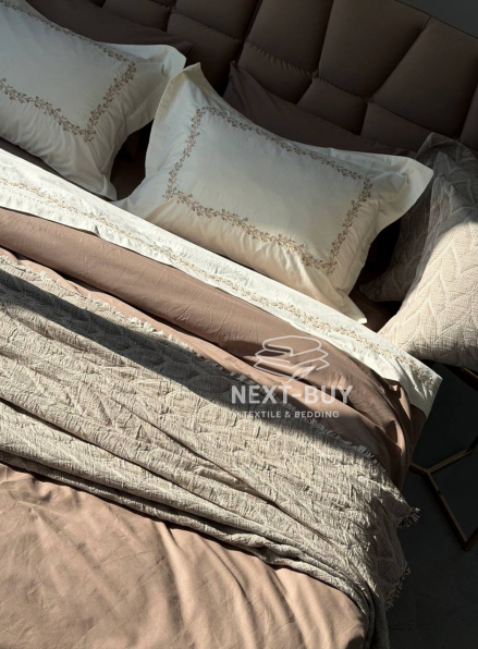 Премиум комплект постельного белья из варёного хлопка Dafne Beige с покрывалом и пледом | Турция