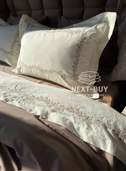 Премиум комплект постельного белья из варёного хлопка Dafne Beige с покрывалом и пледом | Турция