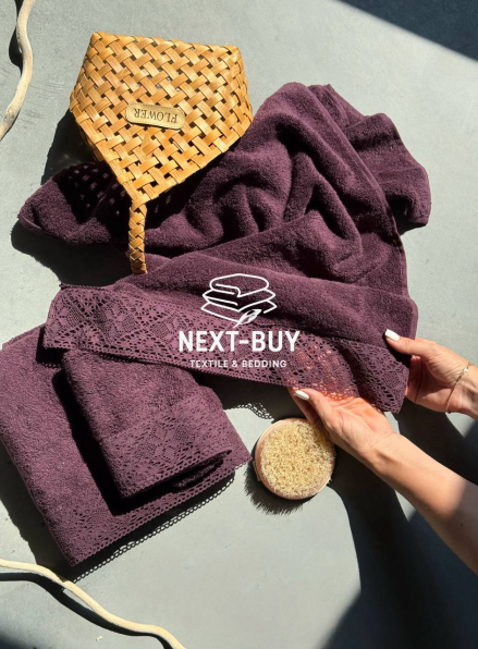 Maison Dor Naturella набір рушників 3шт 30х50 50х90 70х140 махра з мереживом фіолетовий