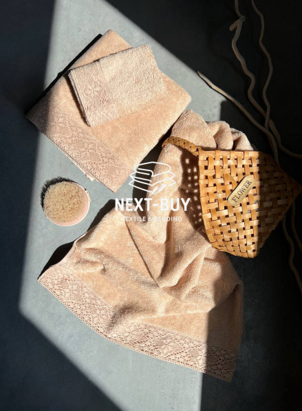 Maison Dor Naturella набір рушників 3шт 30х50 50х90 70х140 махра з мереживом бежевий