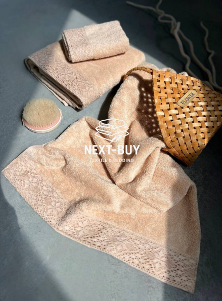 Maison Dor Naturella набір рушників 3шт 30х50 50х90 70х140 махра з мереживом бежевий