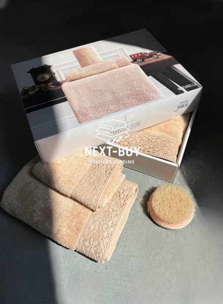 Maison Dor Naturella набір рушників 3шт 30х50 50х90 70х140 махра з мереживом бежевий