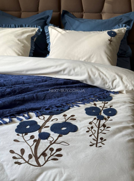 Махрове простирадло-покривало Maison D'or Paris Sanda з бахромою 220х240 синє