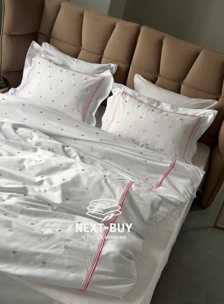 Постільна білизна Maison D’or Lamour Rose основа біла, з вишивкою рожевих сердечок, преміум сатин 300ТС, Туреччина