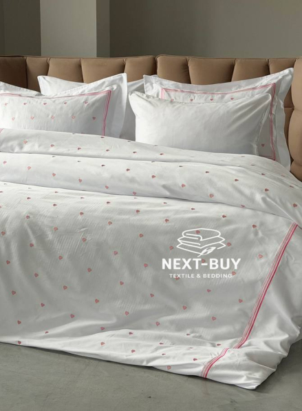 Постільна білизна Maison D’or Lamour Rose основа біла, з вишивкою рожевих сердечок, преміум сатин 300ТС, Туреччина