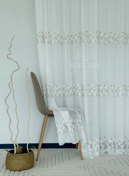 Тюль білий льон з вишивкою Linen Elegance Natural White & Beige Туреччина
