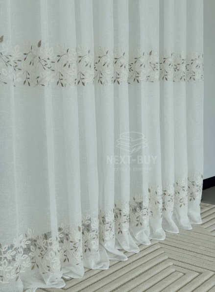 Тюль білий льон з вишивкою Linen Elegance Natural White & Beige Туреччина
