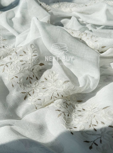 Тюль білий льон з вишивкою Linen Elegance Natural White & Beige Туреччина