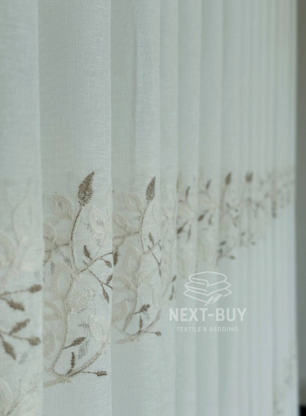 Тюль білий льон з вишивкою Linen Elegance Natural White & Beige Туреччина