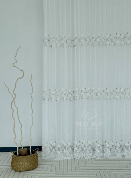 Тюль білий льон з вишивкою Linen Elegance Natural White & Beige Туреччина