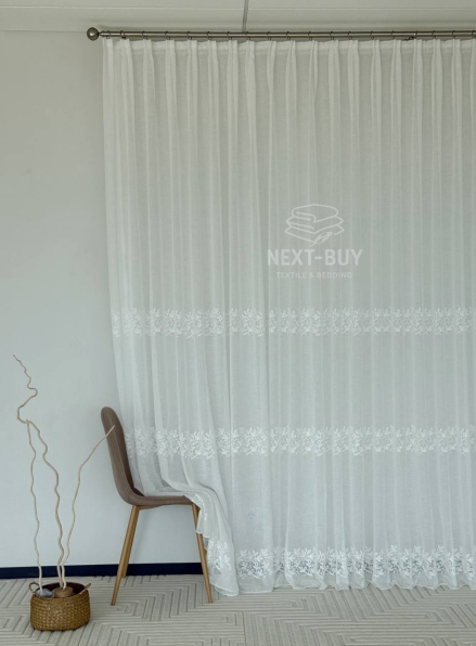 Тюль льон білий з рельєфною, флористичною вишивкою  Linen Elegance Natural White Туречинна