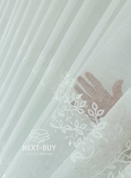 Тюль льон білий з рельєфною, флористичною вишивкою  Linen Elegance Natural White Туречинна