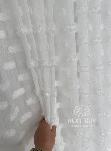 Тюль льон білосніжна з 3D м’якими помпонами Linen White Boho Chic, Туреччина