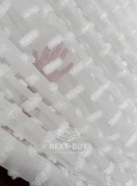Тюль льон білосніжна з 3D м’якими помпонами Linen White Boho Chic, Туреччина