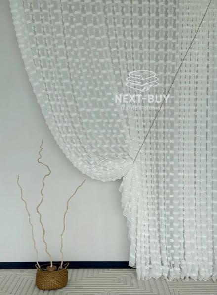 Тюль льон білосніжна з 3D м’якими помпонами Linen White Boho Chic, Туреччина