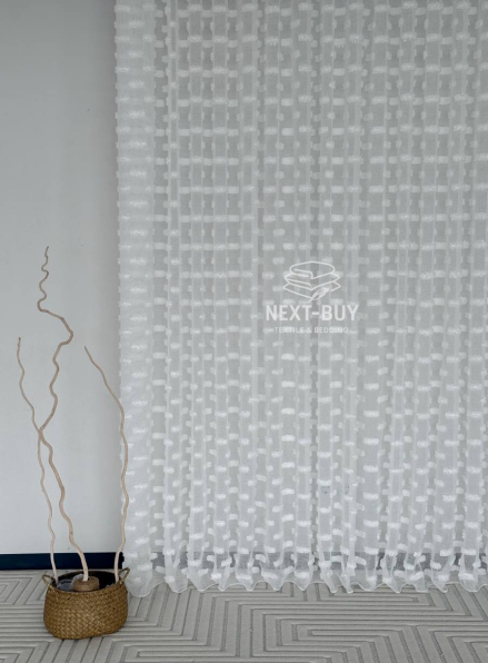 Тюль льон білосніжна з 3D м’якими помпонами Linen White Boho Chic, Туреччина