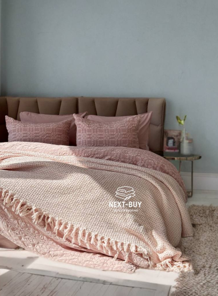 Maison D'or Paris Emeline вафельне покривало жатка з бахромою рожеве 240х260