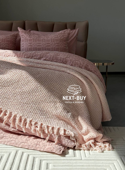 Maison D'or Paris Emeline вафельне покривало жатка з бахромою рожеве 240х260