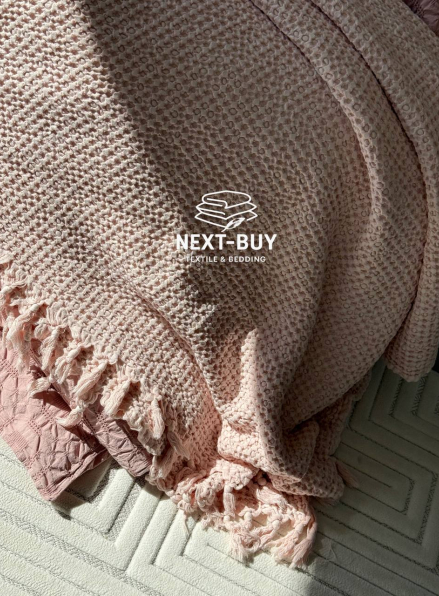 Maison D'or Paris Emeline вафельне покривало жатка з бахромою рожеве 240х260