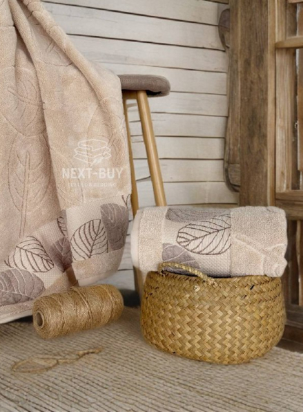 Рушники Leaf Harmony biege Туреччина набір баня + лице 100% бавовна, беж з візерунком листя