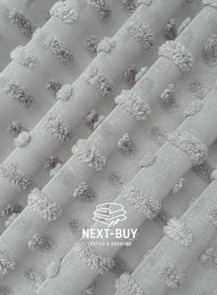 Тюль льон сірий з 3D м’якими помпонами Linen Grey Boho Chic Туреччина