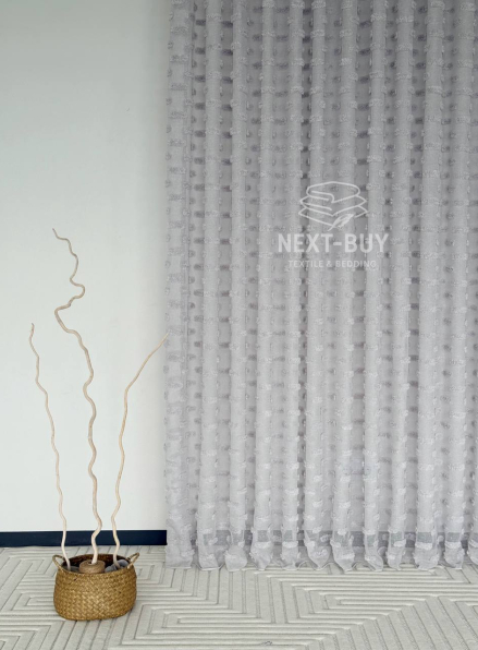 Тюль льон сірий з 3D м’якими помпонами Linen Grey Boho Chic Туреччина