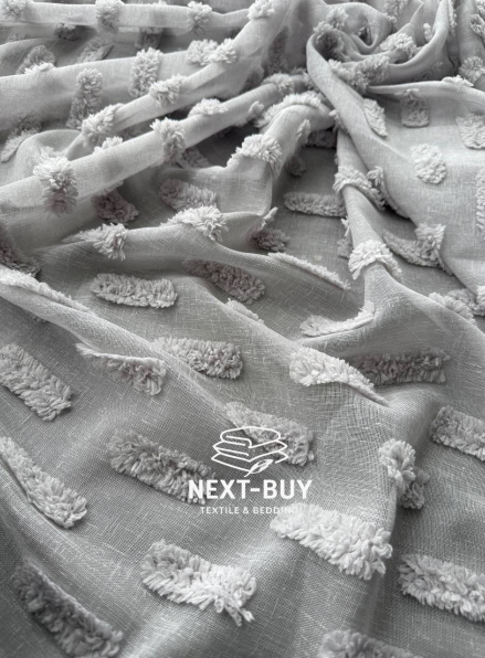 Тюль льон сірий з 3D м’якими помпонами Linen Grey Boho Chic Туреччина