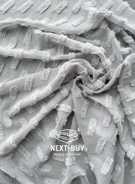 Тюль льон сірий з 3D м’якими помпонами Linen Grey Boho Chic Туреччина