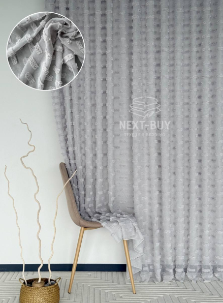 Тюль льон сірий з 3D м’якими помпонами Linen Grey Boho Chic Туреччина