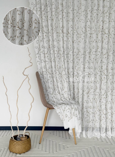 Тюль льон натуральний білий з аплікацією Brown Natural Leaf Embroidery Туреччина