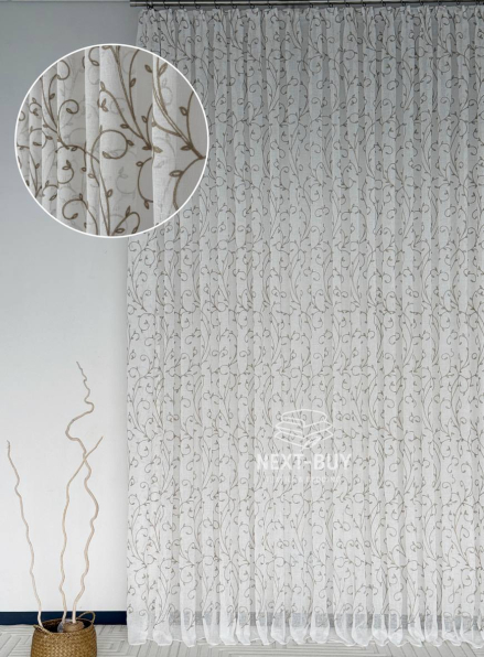 Тюль льон натуральний білий з аплікацією Brown Natural Leaf Embroidery Туреччина