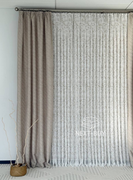 Тюль льон натуральний білий з аплікацією Brown Natural Leaf Embroidery Туреччина