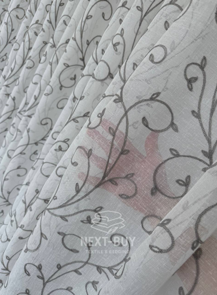 Тюль Gray Natural Leaf Embroidery – білий льон із сірим візерунком (Туреччина)