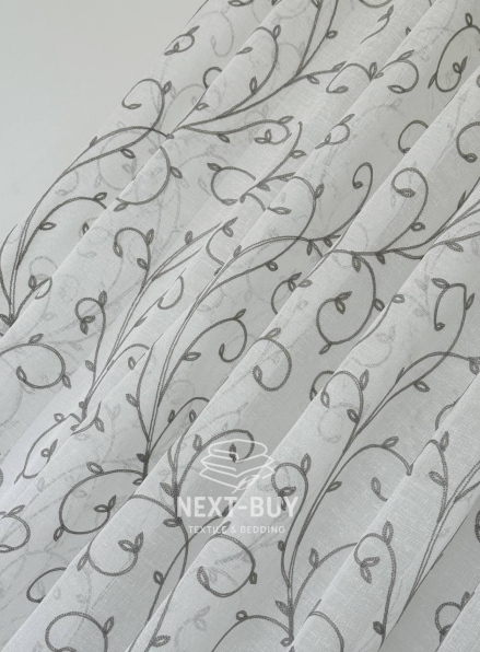 Тюль Gray Natural Leaf Embroidery – білий льон із сірим візерунком (Туреччина)