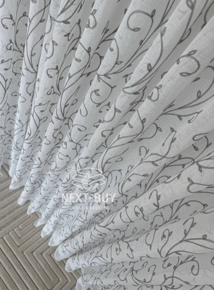 Тюль Gray Natural Leaf Embroidery – білий льон із сірим візерунком (Туреччина)