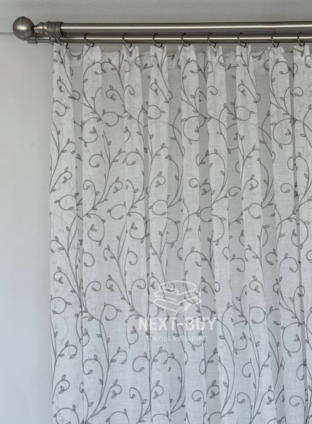 Тюль Gray Natural Leaf Embroidery – білий льон із сірим візерунком (Туреччина)