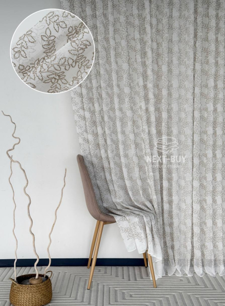 Тюль білий льон з бежевим візерунком Autumn Leaves – Туреччина