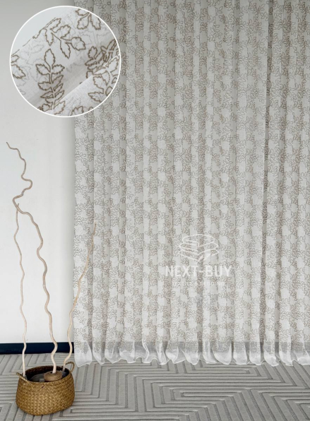 Тюль білий льон з бежевим візерунком Autumn Leaves – Туреччина