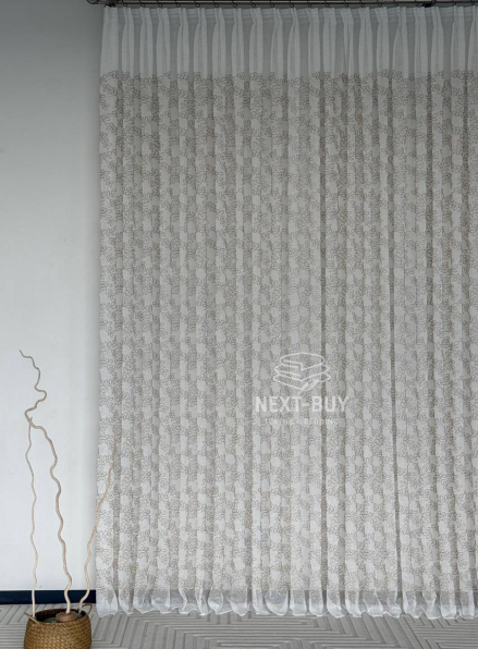 Тюль білий льон з бежевим візерунком Autumn Leaves – Туреччина