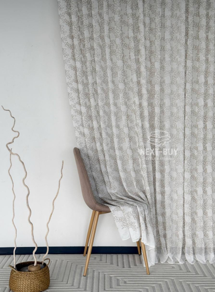 Тюль білий льон з бежевим візерунком Autumn Leaves – Туреччина