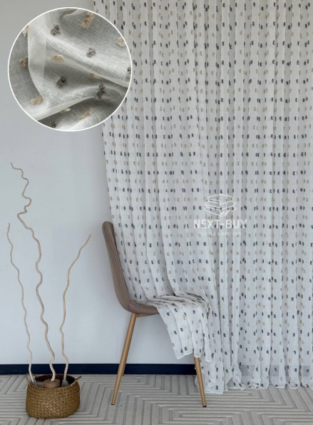 Тюль Linen Dots Harmony з 3D помпонами Anthracite & Beige – Туреччина