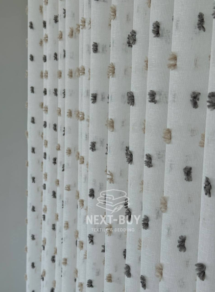 Тюль Linen Dots Harmony з 3D помпонами Anthracite & Beige – Туреччина