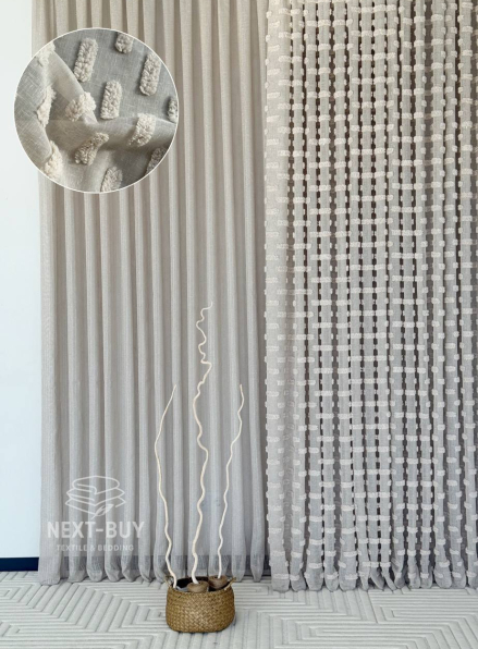 Тюль бежевий льон з 3D м’якими помпонами Linen Bej Boho Chic Туреччина