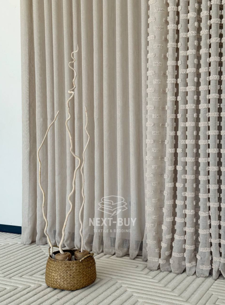 Тюль бежевий льон з 3D м’якими помпонами Linen Bej Boho Chic Туреччина