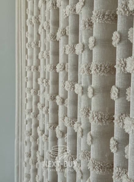 Тюль бежевий льон з 3D м’якими помпонами Linen Bej Boho Chic Туреччина