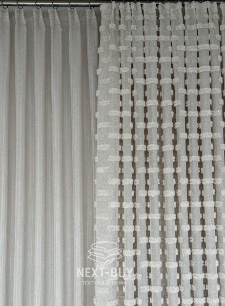 Тюль бежевий льон з 3D м’якими помпонами Linen Bej Boho Chic Туреччина