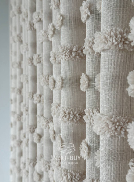 Тюль бежевий льон з 3D м’якими помпонами Linen Bej Boho Chic Туреччина