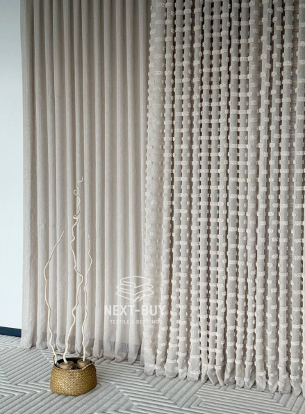 Тюль бежевий льон з 3D м’якими помпонами Linen Bej Boho Chic Туреччина